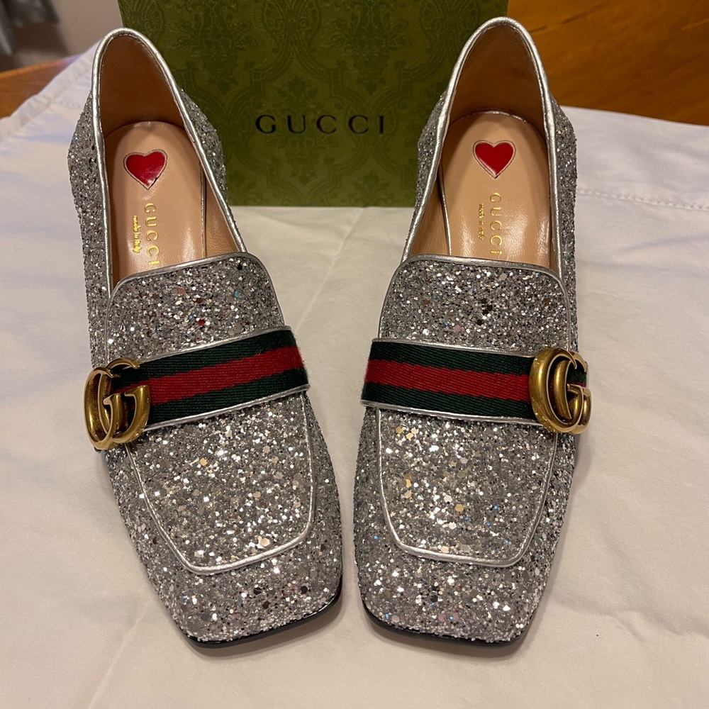 Gorgeous Silver Heel Gucci Shoe.. can be worn with Jeans or Dress pant